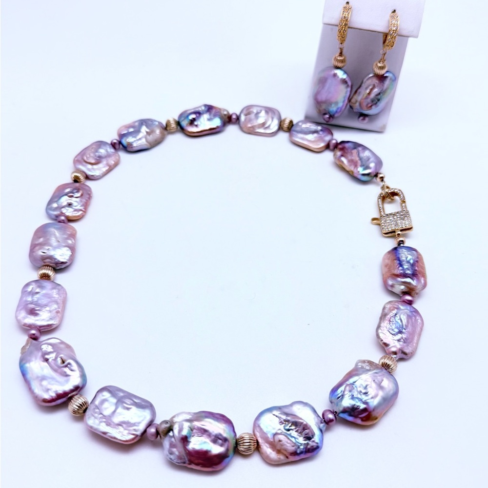 Pink Purple Baroque Rectangle Pearls Gold Filled CZ Clasp & Beads, Earrings too!